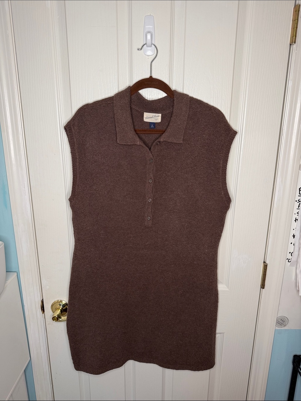 Universal Thread Brown Knit Sweater Dress with Button Down Collar and Cap Sleeve